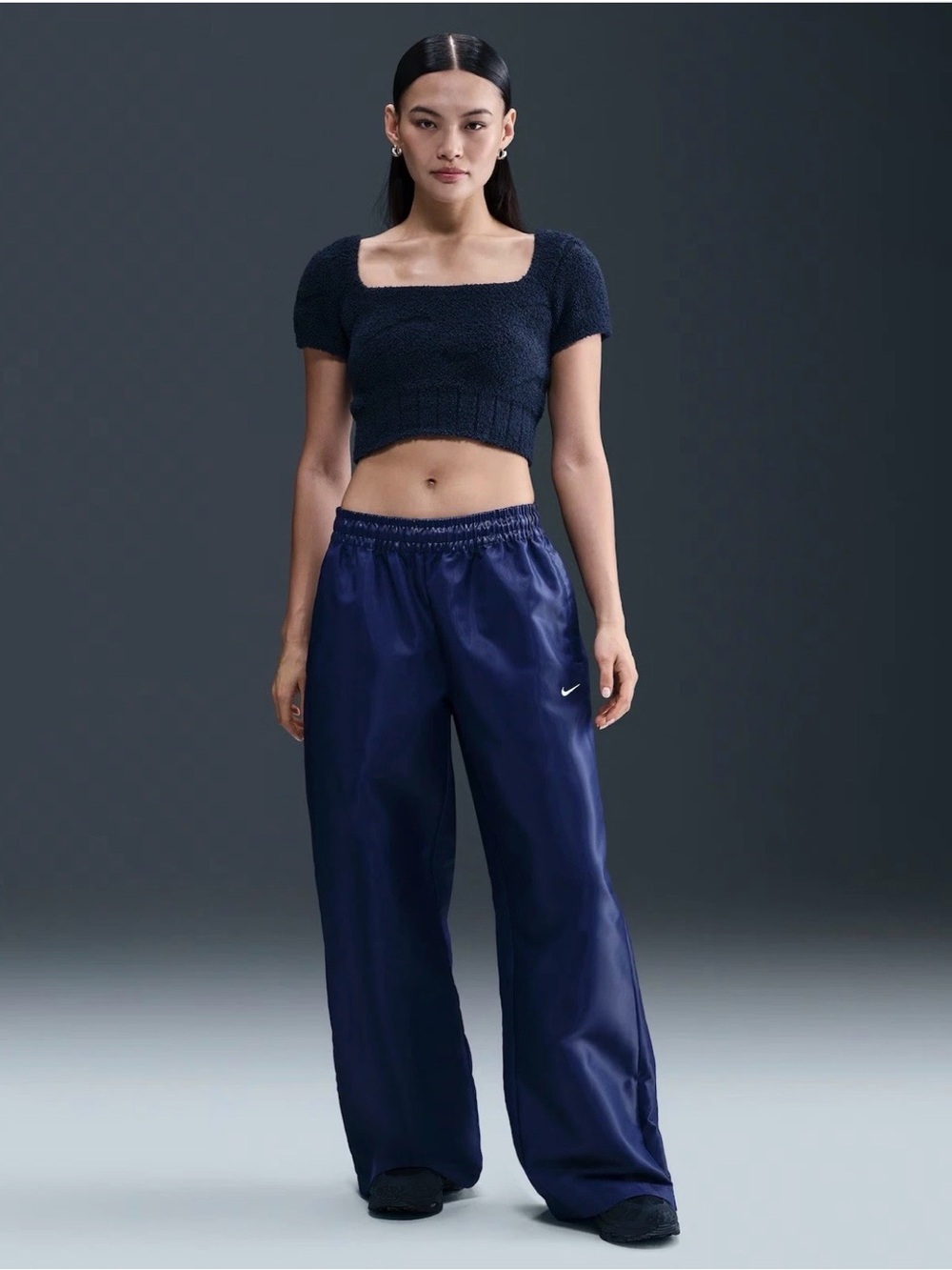 Nike Women’s S Cozy Knit Crop Top Navy Blue Fuzzy Square Neck HV2770-410 NWT
